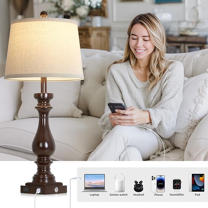 29" Tall Vintage Table Lamps Set of 2,Farmhouse Bedside Lamps with USB C+A Ports & AC Outlet,3-Way Dimmable Touch Lamp for Night Stands Living Room Bedroom,Dark Brown