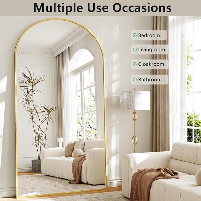 Oversized Full Length Mirror, 38"x77" Large Arched Floor Mirror Full Length with Stand, Room Decor Big Full Body Mirror with HD Tempered Glass Aluminum Frame for Bedroom Living Room, Gold
