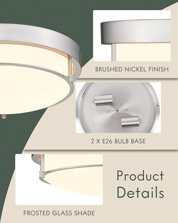 Close to Ceiling Light Fixtures, Bushed Nickel Farmhouse Ceiling Light with 2 Light for Laundry Kitchen Bedroom Bathroom, 4822-BN