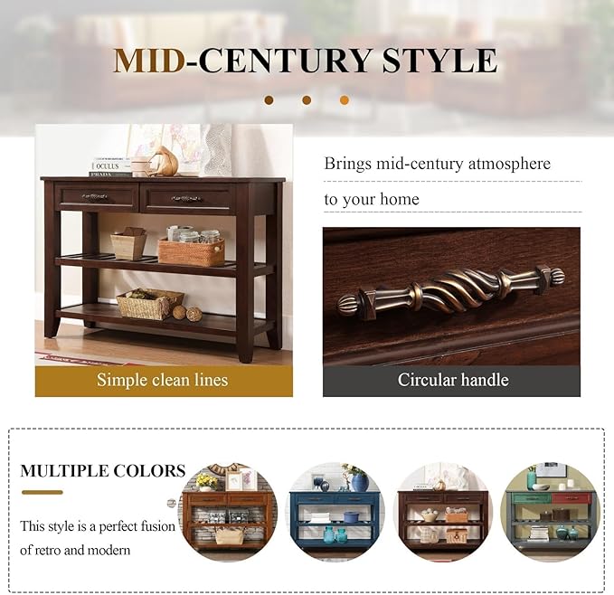 KEIKI 42”L Pine Solid Wood Entryway Console Table with 2 Storage Drawers, Mid-Century Retro Behind Couch Sofa Table with 2 Tiers Open Shelf for Hallway, Entrance, Entry Way, Living Room, Foyer