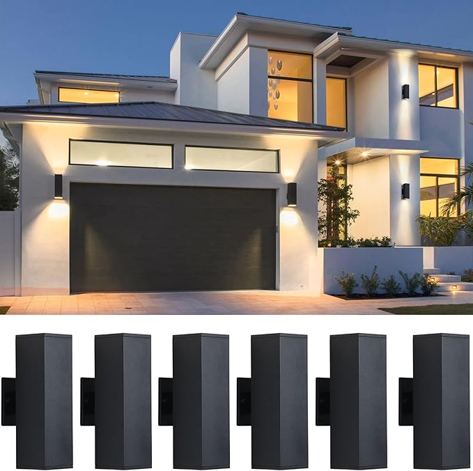 tewei LED Outdoor Wall Sconce Lights Modern Exterior Lighting Fixtures with 7W LED Bulbs, Matte Black Square Up and Down Outdoor Lights for House Front Porch Garage, Warm White 3000K, 6 Pack