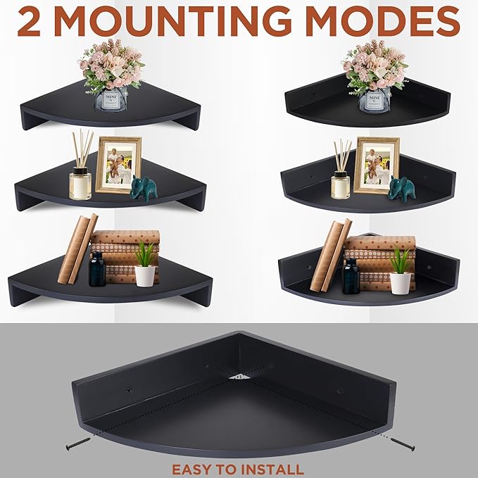 Demigo Corner Shelf Wall Mount Set of 3, Solid Acacia Wood Round Floating Corner Shelves for Storage and Display, Hanging Wood Shelves for Bedroom, Kitchen, Living Room, Bathroom (Black)