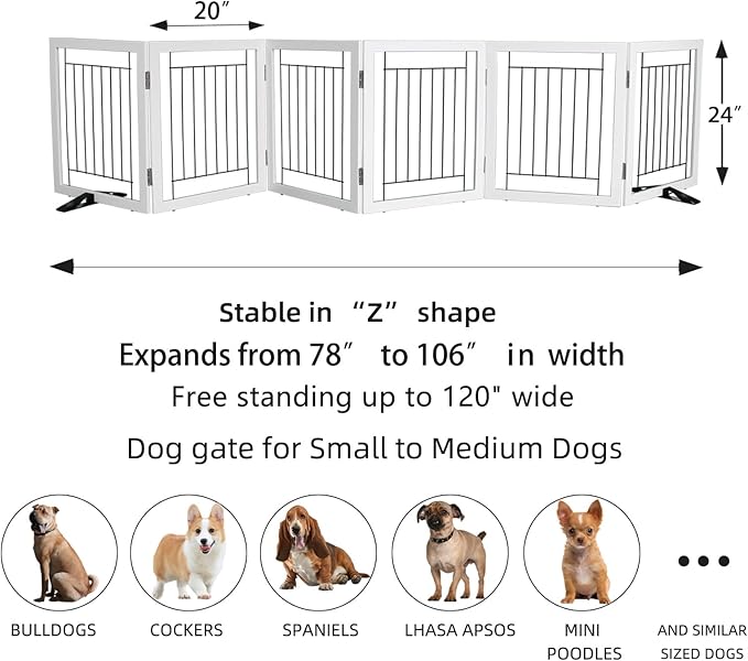 ZJSF Freestanding Dog Gate Indoor, Foldable Dog Fence for Doorways,Hallways or Stairs, Sturdy Wood Extra Wide Pet Gate with Support Feet,White,24 "Height-6 Panels