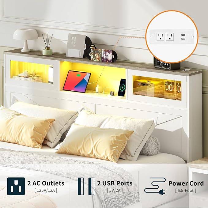 Yoobure Farmhouse Queen Bed Frame with Headboard - Bed Frame Queen Size with Charging Station & LED Lights, Wood Bedframe Queen-Size with 2 Storage Drawer, Platform Beds, No Box Spring Needed, White