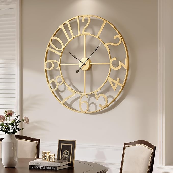 Large Wall Clock 30 Inch, Decorative Gold Clocks Silent Non Ticking Battery-Operated for Living Room Kitchen Mantel Decor, Metal Round Modern Wall Clocks Arabic Numerals