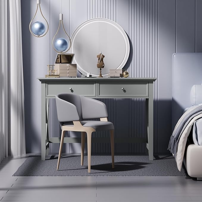 Computer Desk with 2 Drawers, Elegant Home Office Writing Study Desk with Storage, Modern Simple Vanity Desk Console Table for Living Room, Grey