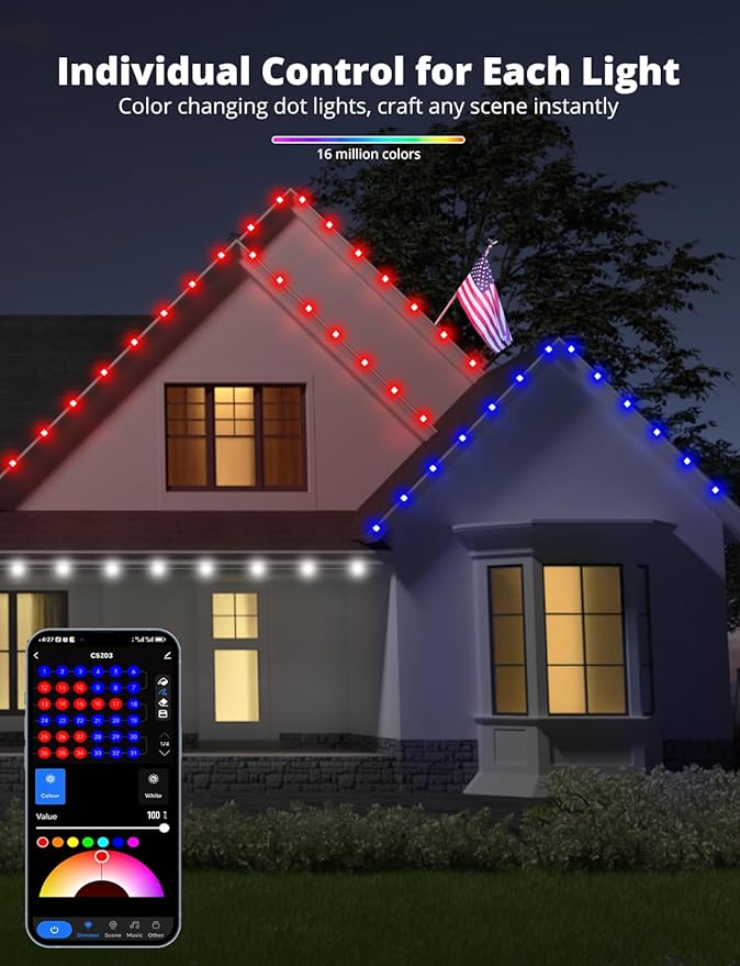 APPECK Permanent Outdoor Lights 50ft with 45 LEDs, RGB Color Changing Outdoor String Lights with 60lm Warm White, 111+ Scene Modes, APP/Voice/Remote Control, for Windows Storefront Holiday Decor