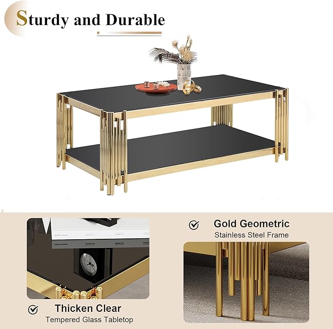 Glass Gold Coffee Table Set of 2,Modern Coffee Table and End Table w/Storage,Glass Coffee Table Set with Stainless Steel Frame,2 Pieces Living Room Table Set for Apartment Home Office