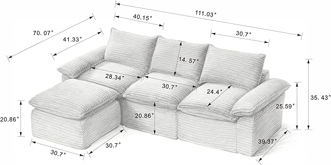 111" Cloud Sectional Couch with L-Shaped Chaise, Corduroy Sectional Sofa with Ottoman, Boneless Couch with Deep Seat in a Box for Living Room, No Assembly Required (Dark Grey)