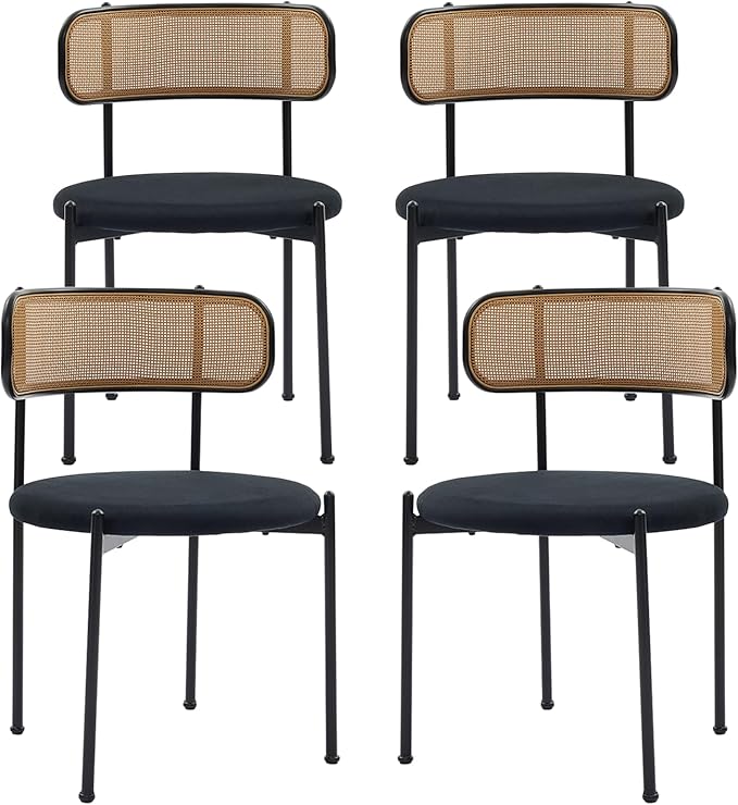 Rattan Dining Chairs Set of 4, Mid Century Modern Dining Chairs with Cane Back and Boucle Upholstered Seat, Farmhouse Kitchen Chairs for Dining Room and Living Room, Black