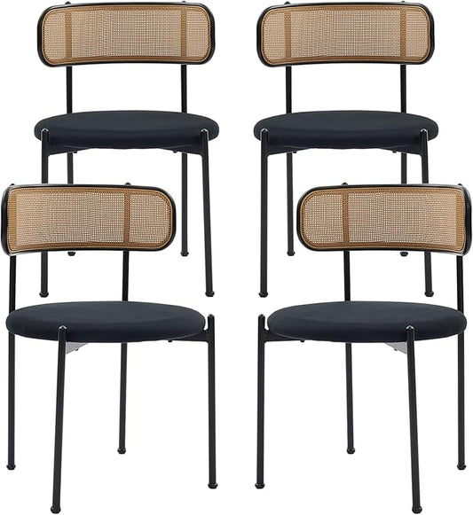 Rattan Dining Chairs Set of 4, Mid Century Modern Dining Chairs with Cane Back and Boucle Upholstered Seat, Farmhouse Kitchen Chairs for Dining Room and Living Room, Black