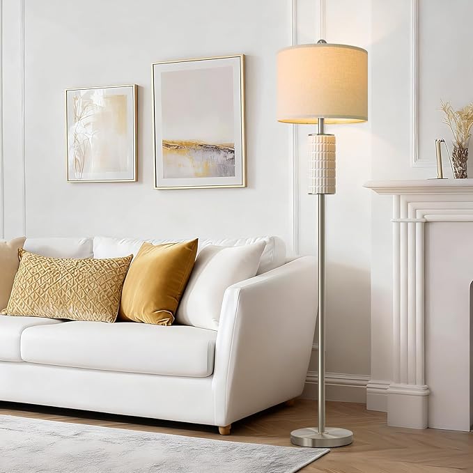 PoKat Silver Ceramic Floor Lamp for Living Room Bedroom, 64" Modern Tall Standing Lamp with Rotary Switch, Traditional Living Room Lamp for Corner, Home Office, Nursery