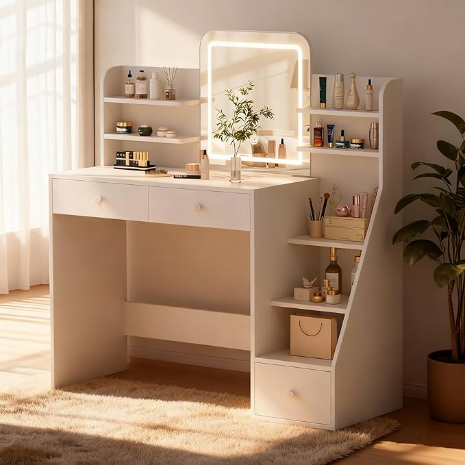 White Makeup Vanity Desk with LED Mirror & 5-Tier Sloped Shelves, 7 Open Storage Areas & 3 Drawers, Adjustable 3-Color Lighting Dressing Table