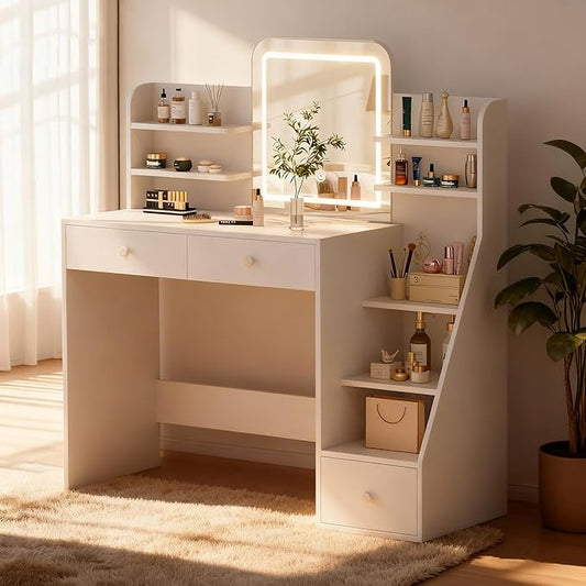 White Makeup Vanity Desk with LED Mirror & 5-Tier Sloped Shelves, 7 Open Storage Areas & 3 Drawers, Adjustable 3-Color Lighting Dressing Table