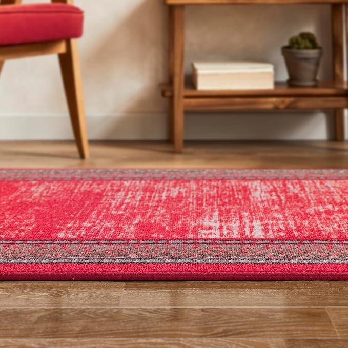 Antep Rugs Alfombras Bordered Modern 2x10 Non-Slip (Non-Skid) Low Pile Rubber Backing Indoor Area Runner Rug (Red, 2' x 10')