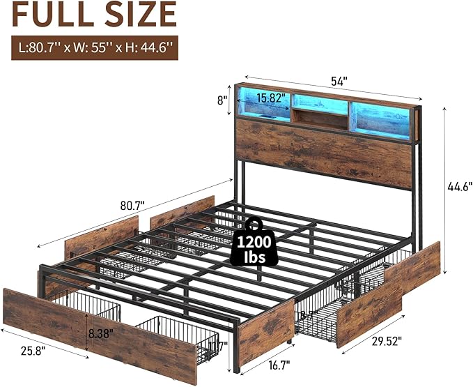 Full Size Bed Frame with LED Headboard & Charging Ports, Rustic Wood Platform Full Bed Frame, 6 Storage Drawers and Display Shelf, Heavy-Duty Metal Frame, No Box Spring Needed, Brown