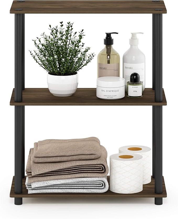 Furinno TURN-N-TUBE Storage Shelves, 3-Tier Book Shelf, Corner Shelf, Toolless Open Shelves, for Organization and Storage, Living Room, Garage, Home Office, Columbia Walnut