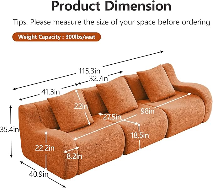 Orange 3-Seater Cloud Couch, Modern Teddy Fabric Boneless Sectional Sofa in a Box for Living Room, Modular Floor Couch, Deep Seat, No Assembly Required, Sofas para Sala