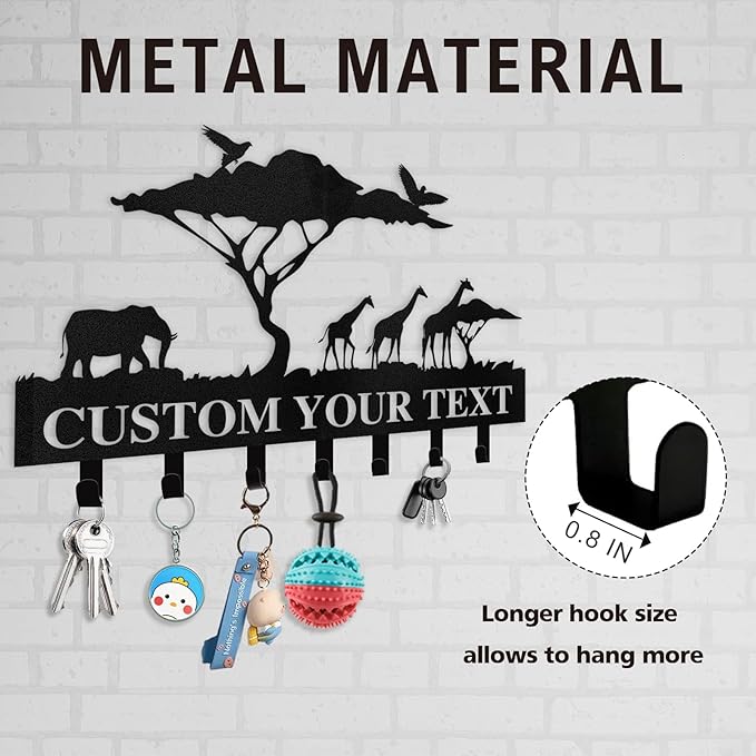 Personalized Key Holder for Wall | Custom Name Metal Cabin Key Hooks | Coat Hook Key Rack Wall Mount | Metal Wall Key Holder | Animal Theme African Art Decor for Living Room Hallway Office