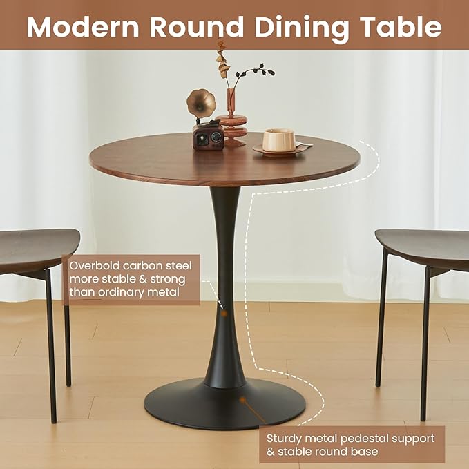 Round Dining Tulip Table for 2, Mid-Century Modern Table with Sturdy Metal Pedestal for Kitchen, Bistro, Cafe, Leisure (Faux Walnut, 24 INCH)