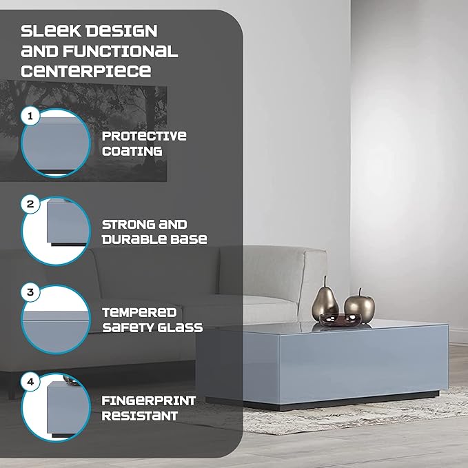 SONOROUS Premium Tempered Glass Coffee Table - Modern Gray Rectangular Coffee Tables for Living Room - High Gloss Fingerprint Resistant Mid Century Design - Stylish Living Room Furniture & Décor