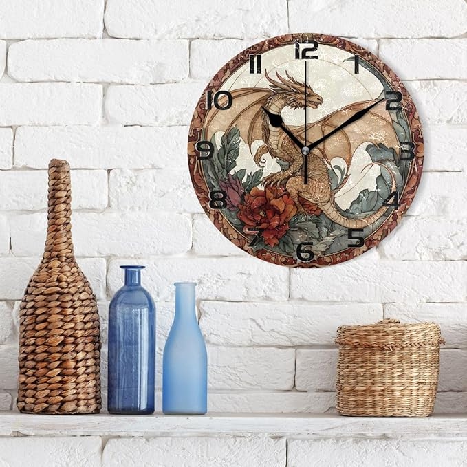 Bolaz Wall Clocks Decorative Bedroom Silent Living Room Desktop Dragon Flowers Tabletop Shelf Clocks Round Battery Operated 10 Inch Non-Ticking