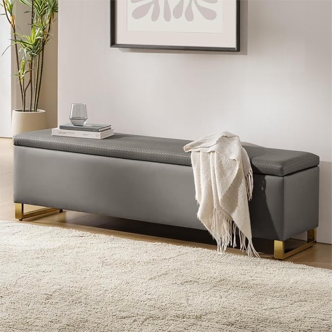 EcoHarbor Living Storage Ottoman Bench with Throw Ottomans, Modern End of Bed Bench, Upholstered Footrest Stool with Gold Legs for Living, Bedroom, Entryway and Hallway(Grey 60inch)
