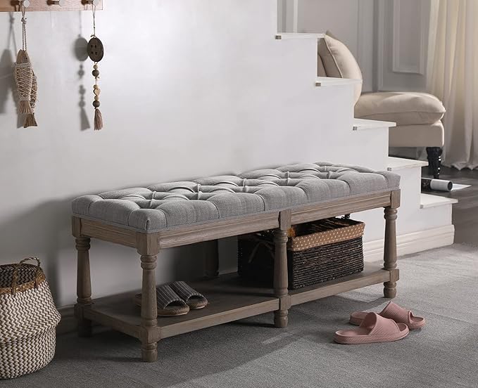 Kmax Storage Entryway Bench Tufted Shoe Rack Bench Wood Window Bench for Hallway Entrance Bedroom Corner, Gray