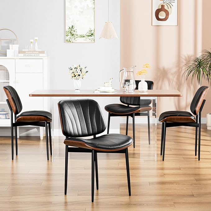 Dining Chairs Set of 2, Dining Room and Kitchen Chairs, FSC Certified Mid Century Modern Accent Chair, Upholstered PU Leather Chairs for Vanity with Walnut Bentwood and Metal Legs, Black