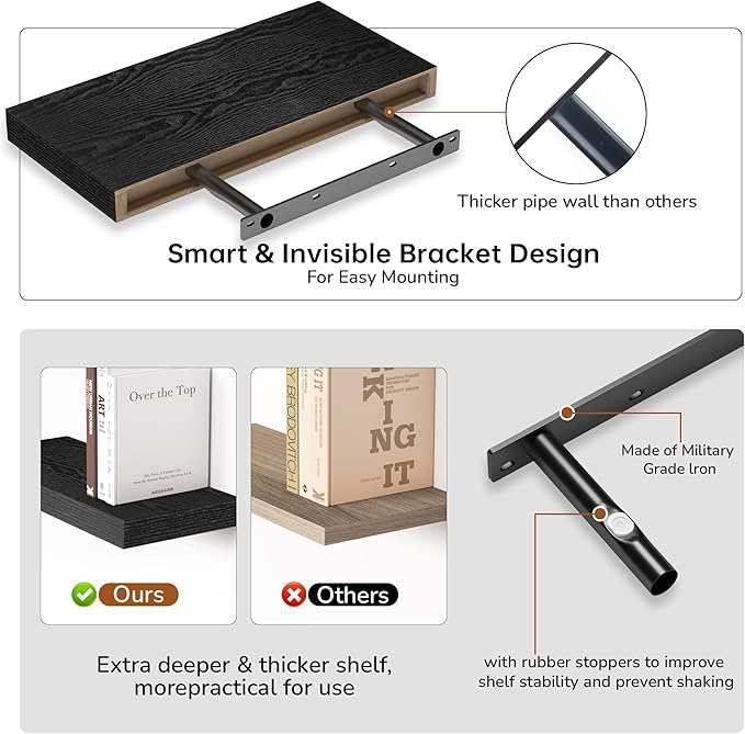 Fun Memories 16 Inch Floating Shelves - Deep Rustic Black Wooden Wall Shelves - Extra Deeper & Thicker Wall Mounted Storage Shelf for Bedroom, Kitchen, Farmhouse - 2 Pack, Rustic Black