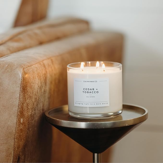 Calyan Wax Co. Cedar & Tobacco 3 Wick Scented Candle - 43 Hour Burn - Luxury 3 Wick Soy Candles - Non Toxic Soy Wax Candles - Long Lasting Large Glass Jar Candle for Home - 14.9oz