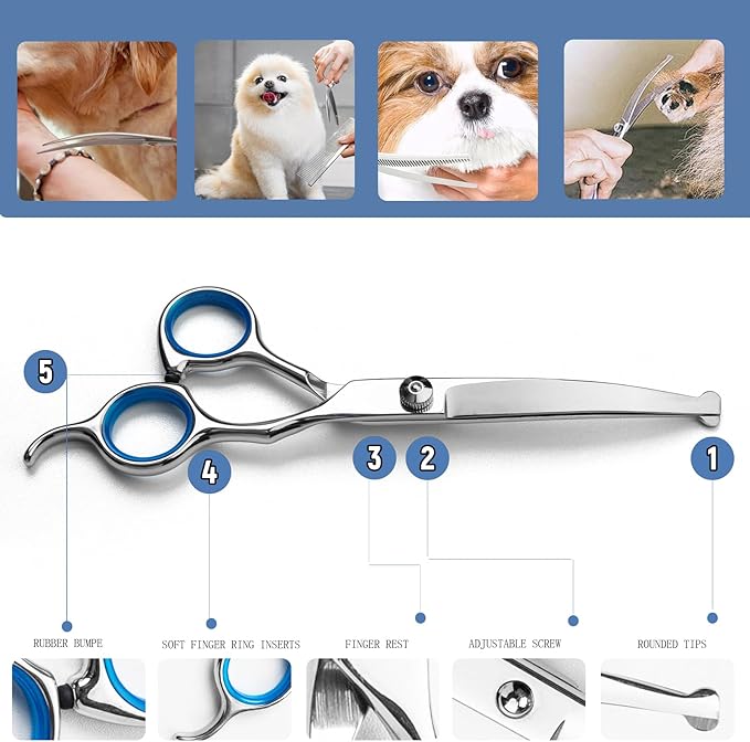 Dog Grooming Scissors Set, 5-in-1 Dog Shears for Grooming, 6 Inches Stainless Steel Professional Dog Grooming Scissors, Pet Grooming Scissor for Dogs with Safety Round Tips