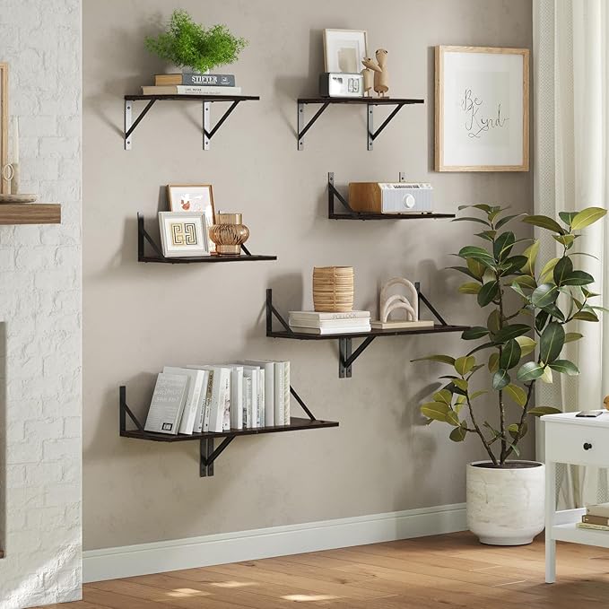 DINZI LVJ Deep Floating Shelves, 16" W x 12" D Wall Shelves Set of 2, Wide Display Shelf Mounted with Brackets, Easy-to-Install Wall Bookshelf for Living Room, Bathroom, Bedroom, Espresso