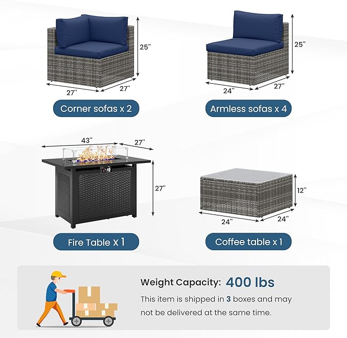 8 Pieces Outdoor Patio Furniture Set with 43" Fire Pit Table, Wicker Outdoor Patio Sectional Sofas with Cushions and Coffee Table, All-Weather Patio Conversation Set for Garden Backyard, Navy Blue