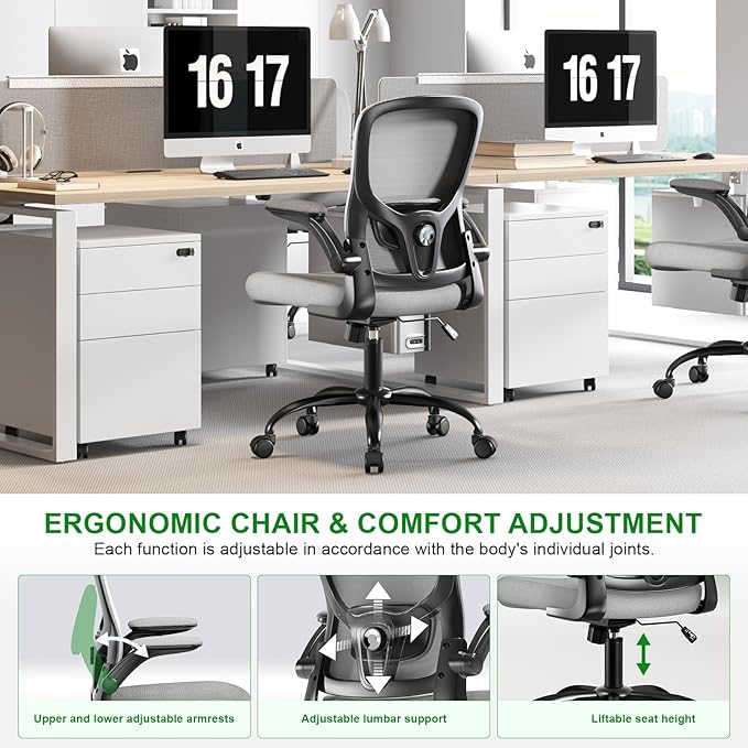 Ergonomic Office Chair-High Back Desk Chair, Adjustable Lumbar Support, Flip-Up Arms, 90-120° Tilt Lock, Breathable Mesh Back Rolling Work Chair for Man Woman(Grey)