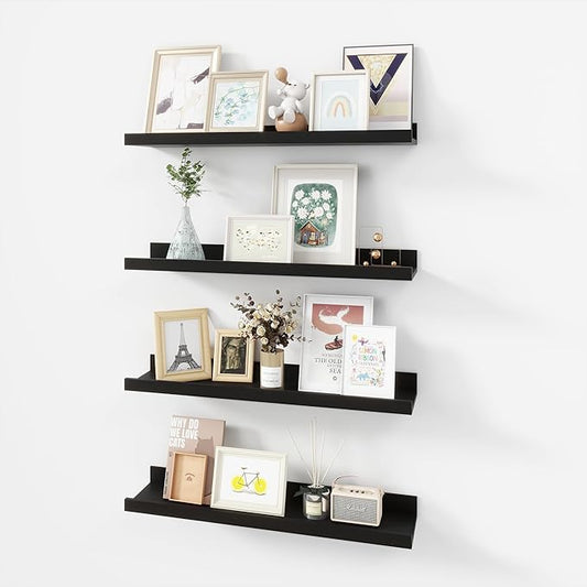 Picture Ledge Shelf, Wood Floating Shelves Set of 4, 24 inch Picture Ledge Shelves, Photo Ledge Nursery Book Shelves Wall Mounted for Living Room Kids' Room Bedroom, Color Black