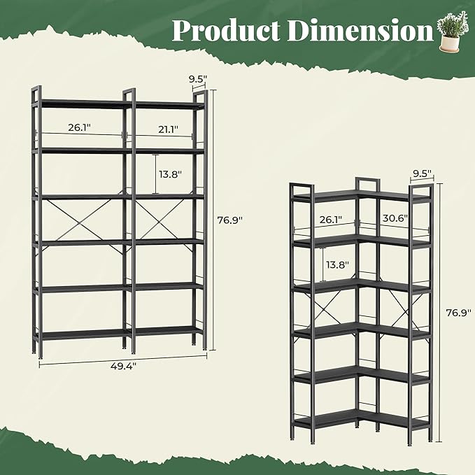 Huuger 6 Tier Bookshelf, L Shaped Corner Bookshelf with Open Shelves, 49.4 Inch Straight Wide Bookcase with Metal Frame and Wooden Board, Adjustable Feet, Black