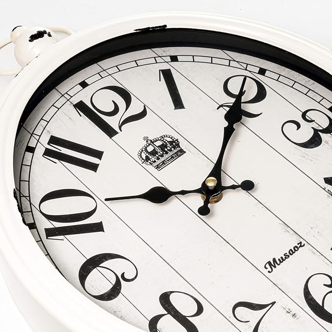 Oval Wall Clock Metal 16 inch Large Battery Operated Retro Wall Clock Old-Fashioned Antique Design Rustic Vintage Style Decor Wall Clock for Living Room Kitchen Farmhouse White