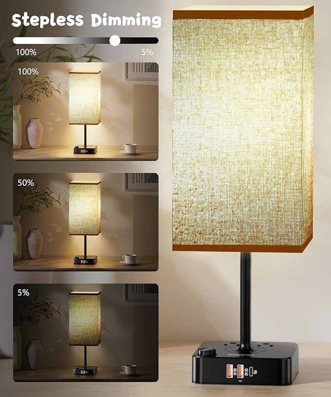 Bluetooth/WiFi RGB & USB Bedside Table Lamp with 3 USB Charging Ports 2 Outlets Power Strip, LED Light Bulb Dimmable, Music Sync Color Changing Light (RGB - Brown Shade)