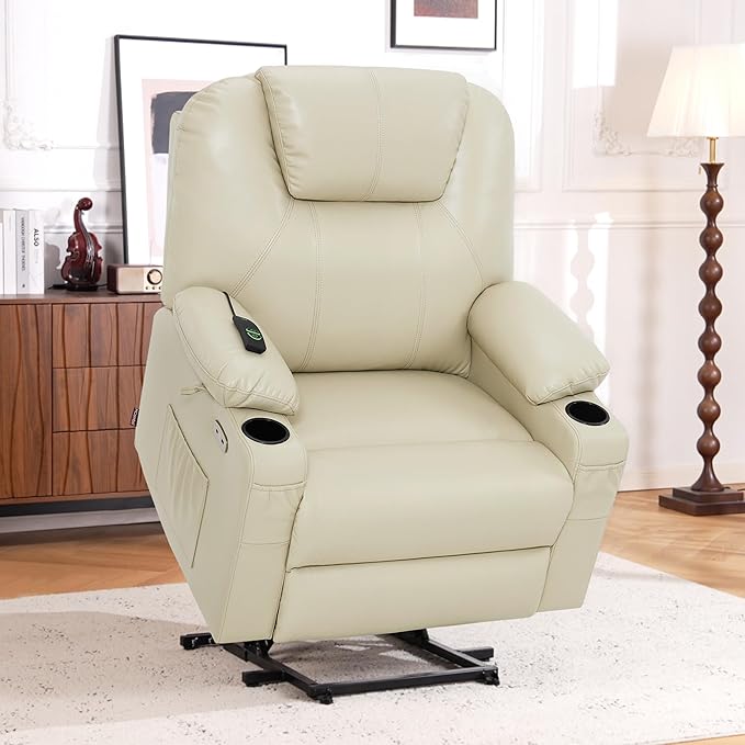 MCombo Extra Wide Power Lift Recliner Chair for Elderly, Lift Chair with Heat and Massage for Big People, USB&Type C Ports, Cup Holders, Faux Leather R7045 (Cream White, Medium-Wide)