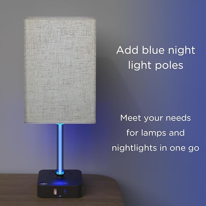 COZOO 3 Way Dimmable Touch Bedside Table Lamp with 3 USB Charging Ports 2 Outlets Power Strip,Black Charger Base White Fabric Shade,LED Desk Night Light for Bedroom/Nightstand/Living Room/College Dorm