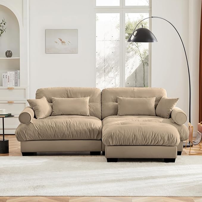 93.7" Loveseat Sofa, 2 Seater Modular Sectional Sofa, Camel Large L Shaped Sectional Couches for Living Room, Fluffy Couch, Love Seat, Velvet Cloud Couch with Ottoman, Deep Seat Sofas for Living Home