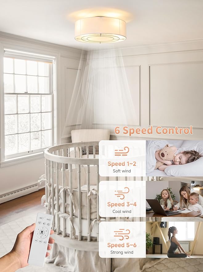 Low Profile Ceiling Fans with Lights, 20" Flush Mount Ceiling Fan with Light, Boho Bladeless with 6 Speeds, Rattan Remote Control for Bedroom, Nursery, Living Room