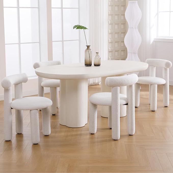 DUOMAY Modern White Boucle Dining Chairs Set of 6, Sherpa Upholstered Kitchen Chairs Armless Barrel Back Dining Chair, Living Dining Room Chairs, Reception, White