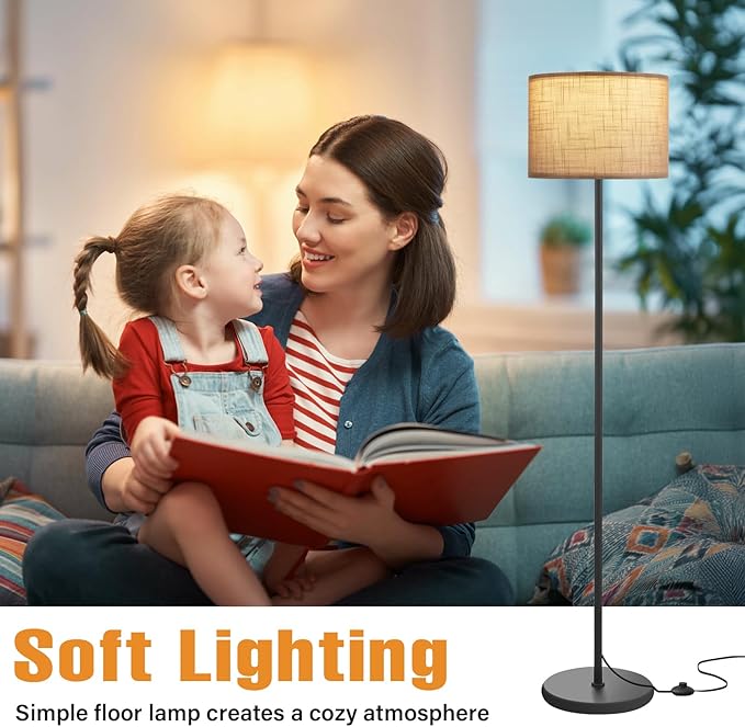 Ambimall 60'' Modern Floor Lamp with Shade, Tall Lamps for Living Room, Bedroom, Office, Dining Room, Linen Grey Shade with Black Pole(Without Bulb)