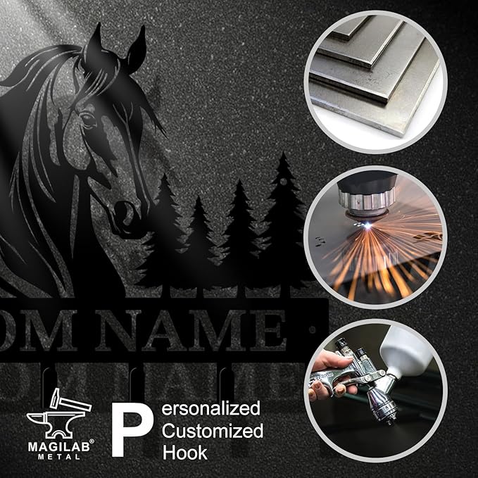Personalized Custom Name Farm Horse Wall Key Hooks,Metal Horse Art Clothes Hooks,Metal Horse Wall Home Storage Decorative,For Front Door, Hallway, Kitchen, Bedroom,Keys,Hats (Style B)