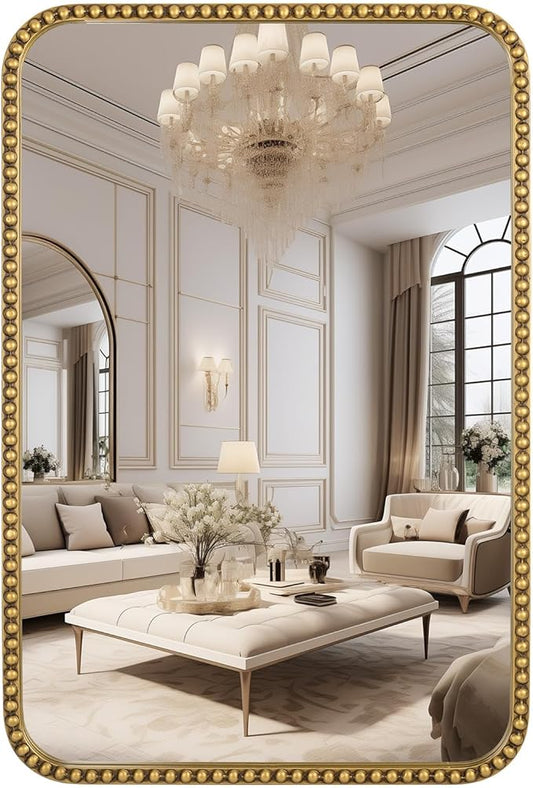 Wall Mirror for Bathroom - 20"x30" Rectangle Rounded Corner Beaded Frame Mirror, Large Vanity Mirror Hangs Horizontal or Vertical, Antique Gold