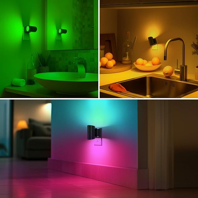 Briignite Night Lights Plug into Wall, 10-Color Changing RGB Night Light for Kids,180° Rotatable Plug in Nightlight with Dusk to Dawn Sensor for Bathroom Decor, Children Room, Gift-2 Pack