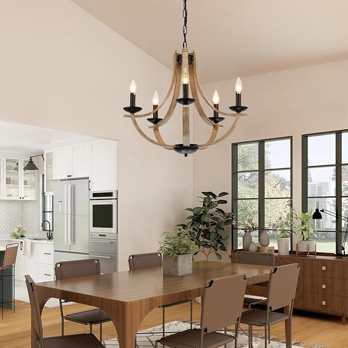 Farmhouse Chandeliers for Dining Room Light Fixture, 5-Light 24 inch Faux Wood Texture Hanging Lighting Fixtures, Rustic Candle Chandeliers for Living Room Kitchen Island Foyer Entryway