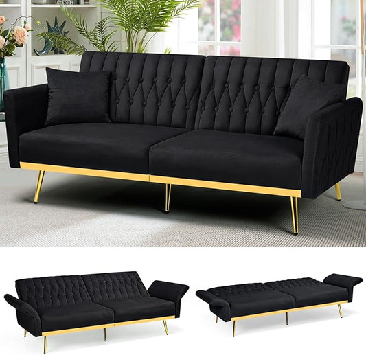70” Velvet Futon Sofa Bed with 2 Pillows and Adjustable Armrests, Convertible Sleeper Bed W/Adjustable Backrests, Modern Loveseat for Living Room, Bedroom, Black